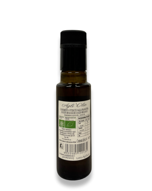 olio extravergine oliva aromatizzato aglio bottiglia 100ML retro