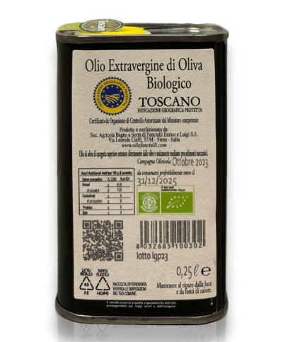 Olio Extravergine Biologico Toscano IGP 250ml Lattina etichetta